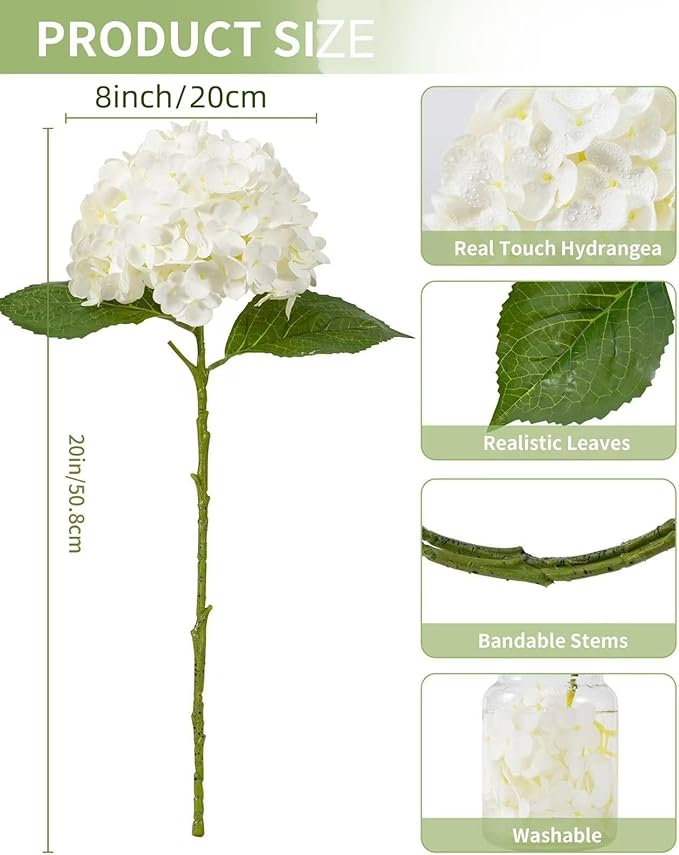 DuHouse 3Pcs Large Hydrangea Artificial Flowers,20 inch Latex Real Touch Hydrangeas Lifelike Hydrangea Flower for Home Wedding Bouquets Centerpieces Party Living Room Decoration(White)