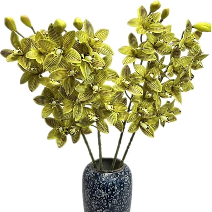 4pcs Artificial Cymbidium Orchid Flower Plant 3D Print Vanda 10 Heads Latex Phalaenopsis Flower (Light Green)