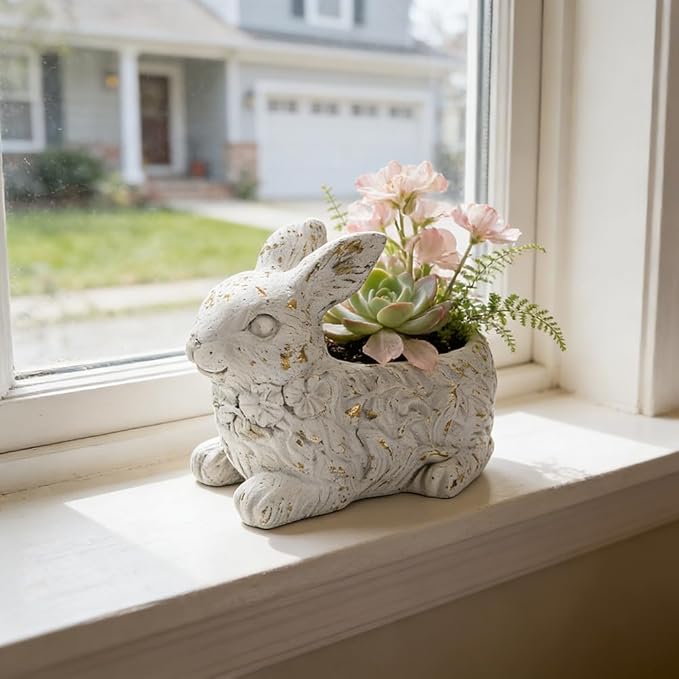 Vintage Cement Animal Planter Pots,Cement Succulent Planter,Indoor & Outdoor Garden Decor Rustic Shabby Flower Plants for Home,Patio,Balcony(Rabbit)