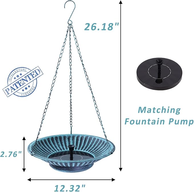 12.3" Hanging Bird Bath with Solar Fountain Bird Bath Bubbler，Birdbath Fountain for Garden Patio Decor,Blue