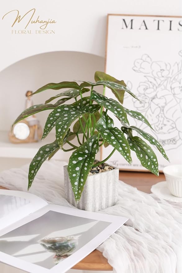 Muhanjia Artificial Potted Plant, Lifelike Faux Greenery in Decorative Cement-Look Square Pot for Indoor Home Decor Centerpieces (Polka Dot Begonia)