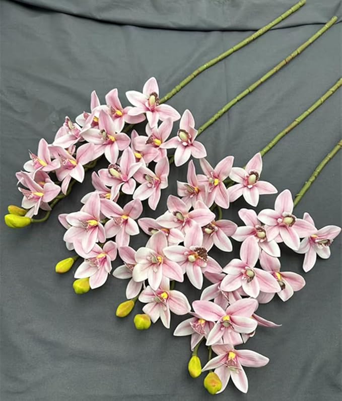 4pcs Artificial Cymbidium Orchid Flower Plant 3D Print Vanda 10 Heads Latex Phalaenopsis Flower (Pale Pink)