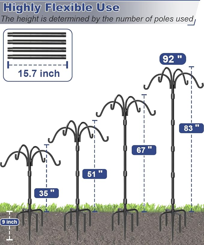 Upgrade 4-Hook Shepherds Hooks for Outdoor with Plastic Tube, 92" Heavy Duty Bird Feeder Pole with 5 Prongs Base, Adjustable Garden Hook for Solar Light, Hanging Plant, Wedding Decor, 1 Pack