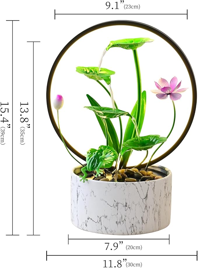 Qingyinge 15‘’H Green Small Water Fountain Indoor, Metal LED Light Relaxation Tabletop Fountain, for Meditation Yoga Spa Room Decor.