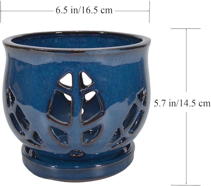 W&W Orchid Pot with Holes and Saucer for Repotting, Blue, 6.5"