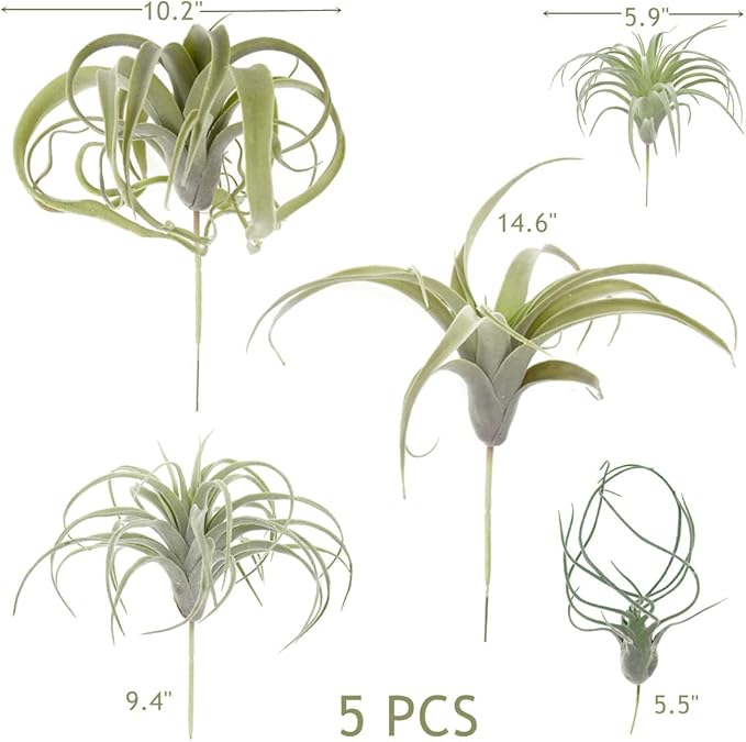 5PCS Artificial Flocking Tillandsia Air Plants Faux Succulents Bromeliads for Indoor/Outdoor Garden and Home Decor, Terrarium Decorations, Arrangements, Office and Displays(Assorted)