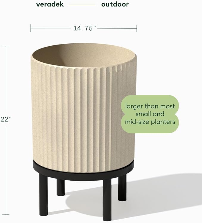 Veradek Demi Series Round Planter w/ Stand for Porch/Patio | Durable Plastic-Concrete & Wooden Stand | Modern Décor for Tall Plants, Flowers