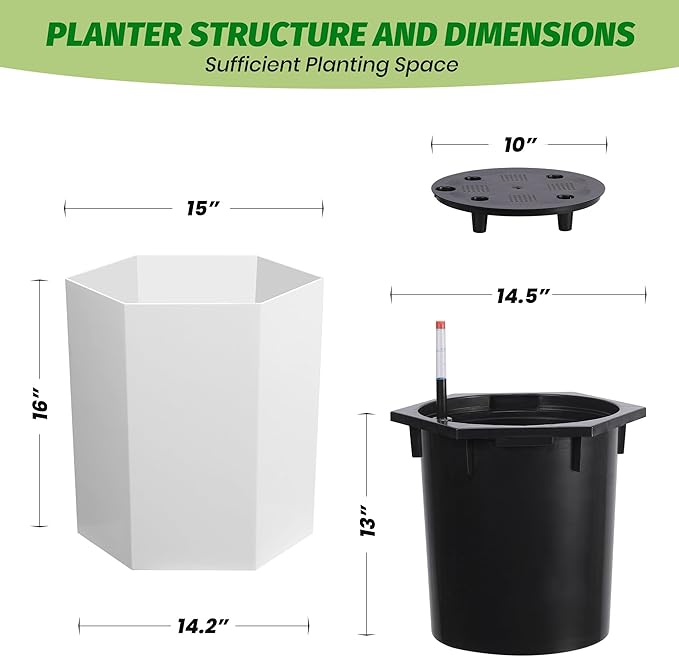16in Plant Pots Set of 2, Self Watering Planters for Indoor Plants with Water Level Monitoring, Water Outlet for Garden Flower Pot, Patio, Balcony, Lounge, Front Porch Decor