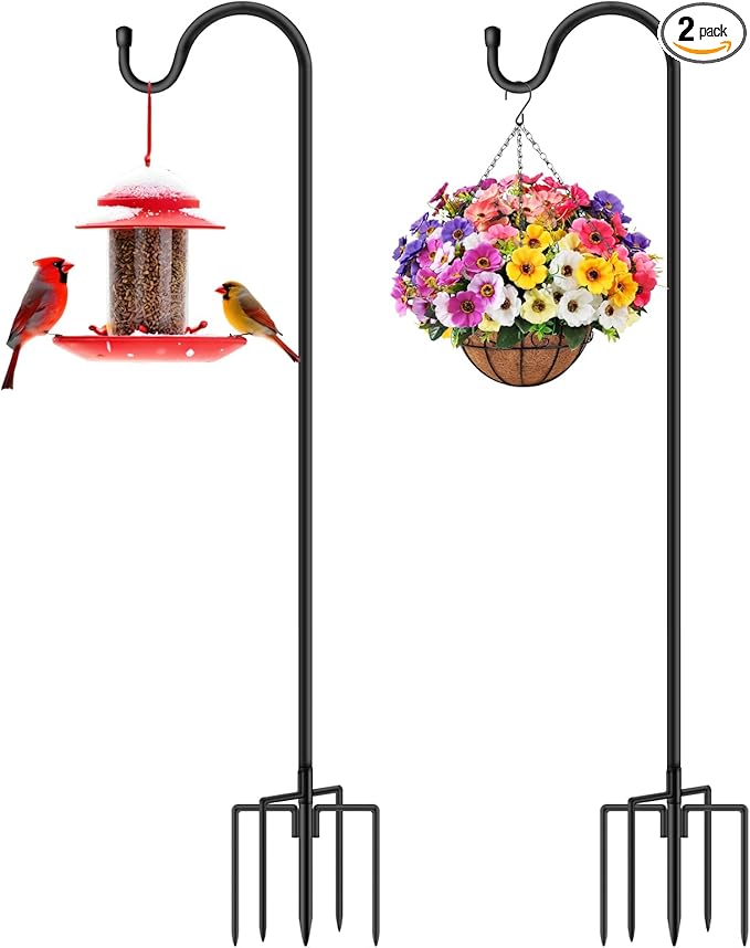 Shepherds Hooks for Outdoor 48 Inch Garden Bird Feeder Pole with 5 Prongs Base Adjustable for Hanging Flower Basket Plant Pot Solar Lantern Light Wind Chime Hanger for Wedding Decor 2 Pack