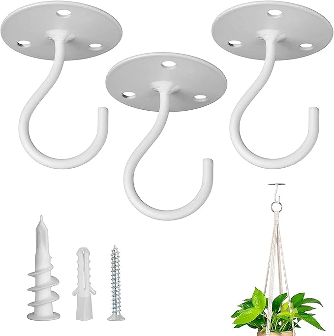 Ceiling Hooks for Hanging Plants-Metal Heavy Duty Wall Mounted Hangers for Hanging Bird Feeders, Planters, Wind Chimes, Include Professional Drywall Anchors(3-Pack) (White)