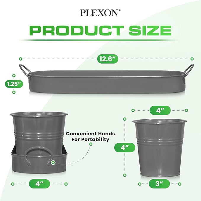 Plexon Herb Planter Indoor Garden Set of 3 with Tray, Metal Herb Pots for Indoor Plants, Round Kitchen Garden Kit Ideal for Windowsill Planter or Countertop, Gray Powder Coated