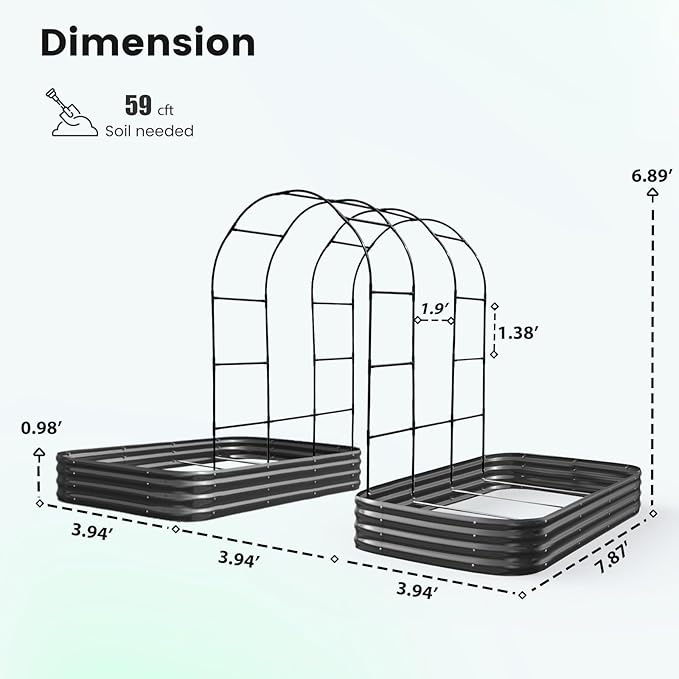 KING BIRD Raised Garden Bed with Arched Trellis Galvanized Planter Garden Box Outdoor for Gardening, Climbing Vegetables, Flowers 2PCS 7.87x3.94x0.98 Ft, Dark Grey