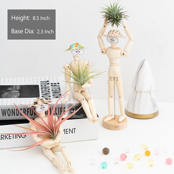 Melphoe 3 Pack Air Plant Holder Wooden Jointed Mannequin Tabletop Flexible Shape Adjustable Pose & DIY Accessories Decor Planter Tillandsia Air Fern Display Stand for Home, Office 3pack
