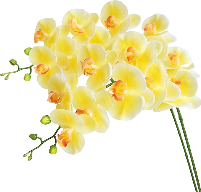 Htmeing 38 Inch Artificial Phalaenopsis Flowers Branches Real Touch (Not Silk) Orchids Flowers for Home Office Wedding Decoration,Pack of 2 (Light Yellow)
