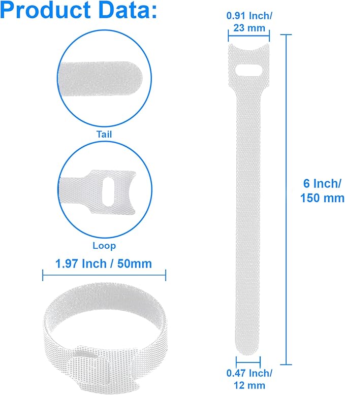 California JOS 60 PCS 6 Inches Reusable Cable Ties, Wire Ties, Cord Organizer, Cable Organizer, Adjustable Cable Management - White