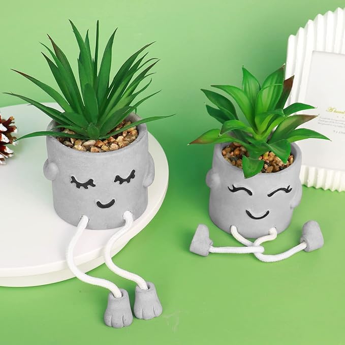 Zerzsy Faux Succulents in Cement Pots with Hanging Leg, Potted Mini Fake Plants for Desk Decor, Kitchen Shelf Decor, Office Decoration for Women, Bathroom Shelf Plants Decoration - Set of 2
