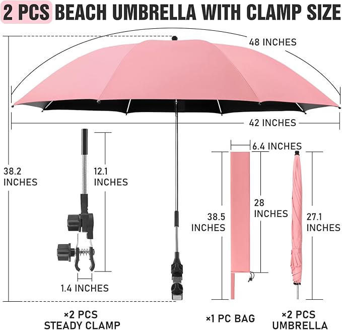 2 PACK Beach Umbrella with Clamp, 360 ° Adjustable Umbrellas for Chair, UPF50+ Umbrella for Beach Chair, Patio Chair, Wheelchair, Camping Chair, Golf Carts (Chair Not Included)