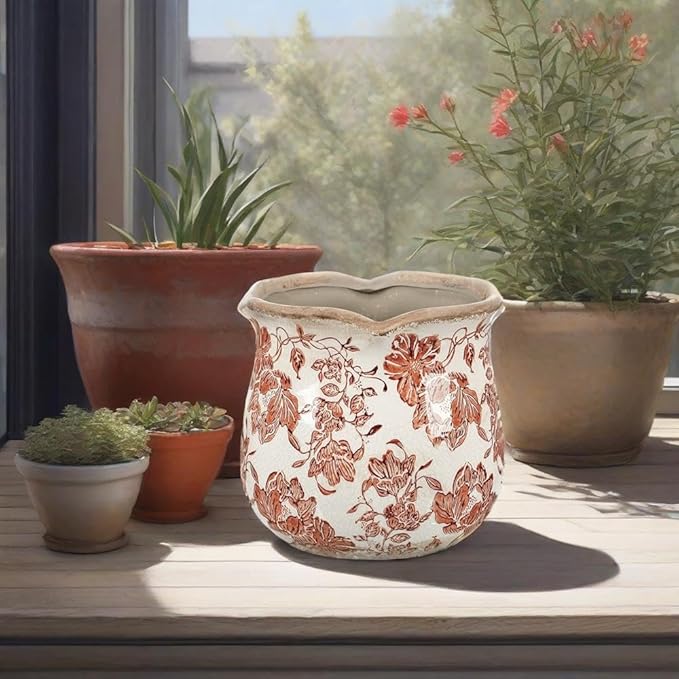 Vintage Ceramic Planter, Vintage Planter Pot with Floral Edges, Ice Crack Flower Pot with Drainge Hole Decorative Planter for Indoor and Outdoor Tuscan Decor Vase Gardening Gift