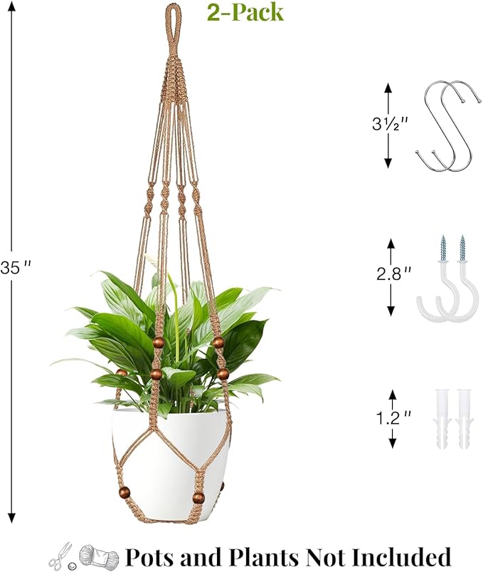 LEWESU Jute Macrame Plant Hanger Indoor Set of 2 Hanging Planter Basket Flower Pot Holder with Decorative Wood Beads & No Tassels for Indoor Outdoor Boho Home Decor, 35 Inch Brown (Pots Not Included)
