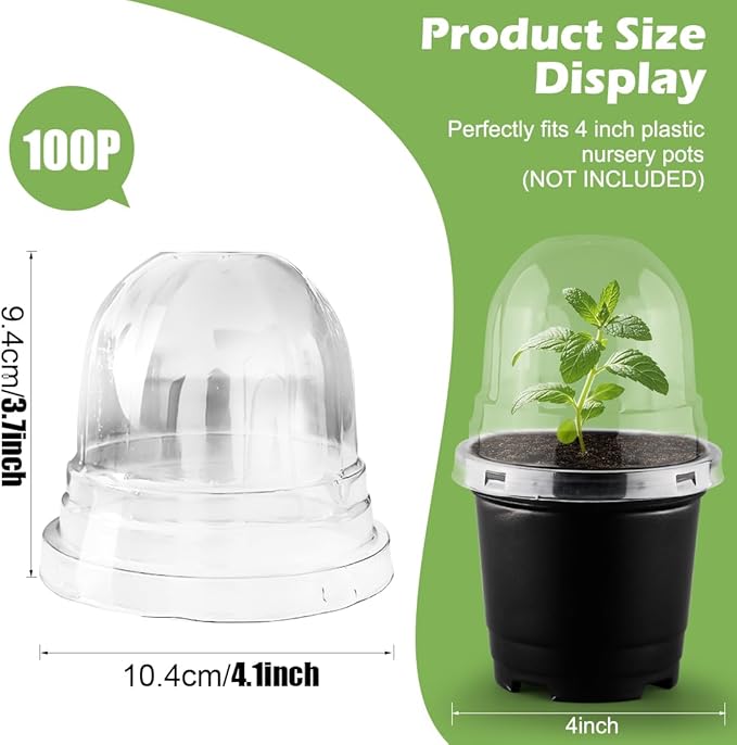 RooTrimmer Humidity Domes for 4 Inch Pots, 100 Pack Transparent Plant Dome Covers with Ventilation, Clear Nursery Pot Domes for Seed Starting, Seedling Germination, and Gardening