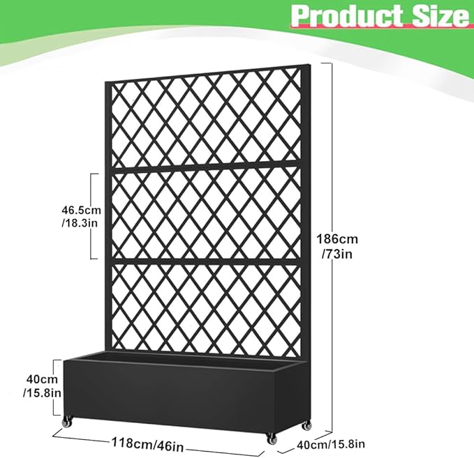 Metal Planter Box with Privacy Screen Trellis,Galvanized Raised Garden Bed On Wheels for Climbing Plants Vines, Standing Garden Flower Bed with Drainage Holes (Black, 47" L x16 W x 73" H)