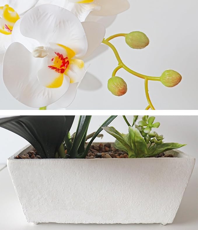 Fake Orchid Realistic Artificial Flowers Real Touch White Orchid Fake Potted Plants For Home Decor Indoor Phalaenopsis Orchids Centerpiece Flower Arrangement Table Decorations For Dining Room Bathroom
