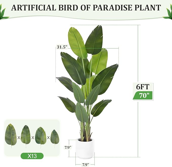 Artificial Bird of Paradise Plant 6Ft Tall Fake Tropical Palm Tree Large Fake Plants with 13 Silk Banana Leaves Faux Plant Indoor Decor Trees with White Pot for Home Bedroom Living Room Office