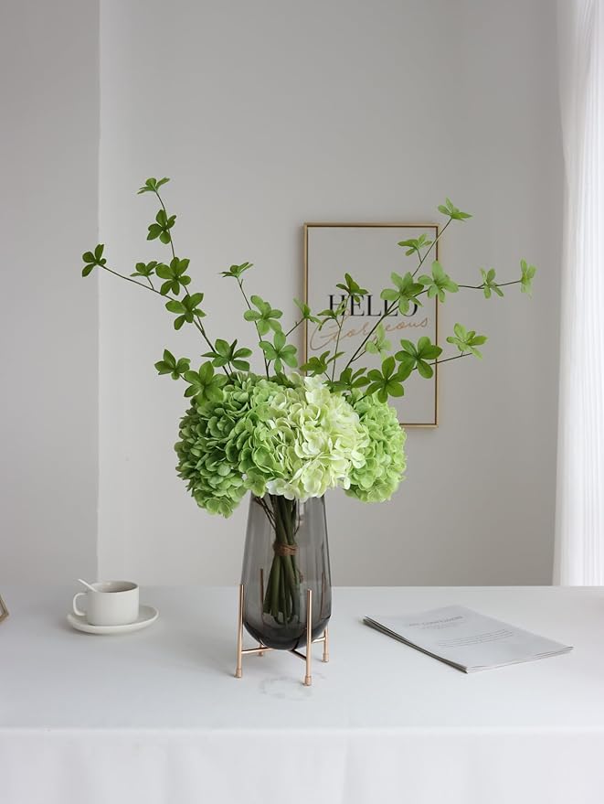 Buart 4PCS Long Stem Big Size Flowers Artificial Silk Hydrangea Lifelike Flowers Real Touch Green Artificial Flowers Wedding Shower Bride Bouquets Office Living Room Table Decorations (21 Inch)