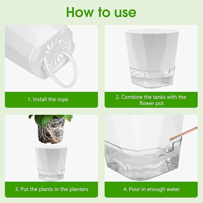6 Pack Self Watering Plant Pot, 6.6/5 Inch Plastic Self Watering Pots for Indoor Outdoor Plants African Violet Pots Easy Plant Self Watering Pot with Wick Rope for Plants Flowers