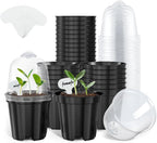 homenote Nursery Pots for Plants,3 Inch Plant Pot for Planting with Humidity Domes Plastic Seedling with Drainage Holes Seed Starter Flower with 10 Labels Black (30 Pack)