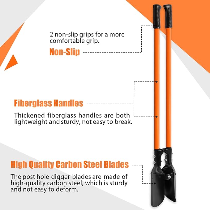 Nohovu Post Hole Digger, Heavy Duty with Fiberglass Handle, Carbon Steel Blades, 58 Inches, Orange & Black