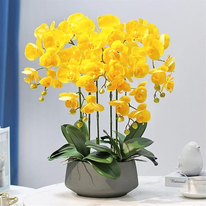 Decor Artificial Flowers with Vase Artificial Orchid with Vase Fake Flower Phalaenopsis Faux Plants for Home Decor Living Room Decoration 60cm Faux Flowers Arrangements Ornaments,Yellow