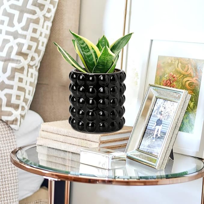 DILATATA 6 Inch Ceramic Planter Pot for Indoor Plants with Drainage Hole Bubble Flower Planter Hobnail Plant Pot Garden Planter Black Succulent Plant Pot Utensil Holder