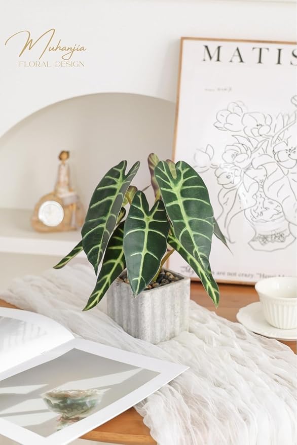 Muhanjia Artificial Potted Plant, Lifelike Faux Greenery in Decorative Cement-Look Square Pot for Indoor Home Decor Centerpieces (Alocasia)