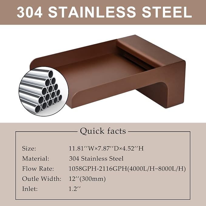 PONDO 304 Stainless Steel Made Exquisite Handcrafted Waterfall Spout for Landscape, Water Fountain Spout Scupper Luxury Decoration for Pools, Ponds, Water Walls (Brown Powder Coating)