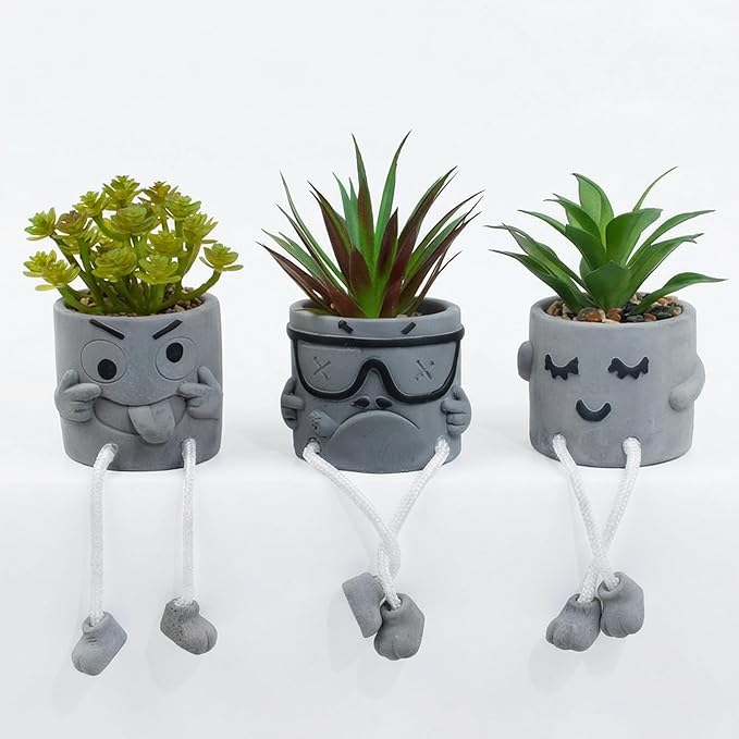 Set of 3 Artificial Succulents Potted Plants Faux Succulents Desk Decoration Fake Mini Plants in Grey Pots Faux Plants Kitchen Shelf Desk Decor Small Bathroom Decor for Shelves