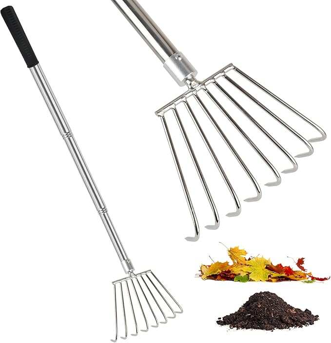 Landscape Rakes for Lawns Leaf Leaves, Small Hand Cultivator, Clam Tool for Cleaning Debris, Weeds, Grass, Pine Needle Remove in Yard, Flower Beds, Herb Rock Garden Care - Stainless Steel