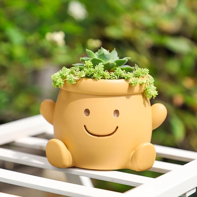 Cute Face Planter Pot, Small Resin Head Planters for Indoor Plants, Funny Smiling Face Flower Pot Succulent Planter with Drainage Hole, Gift IdeaI for Birthday Christmas (Orange)