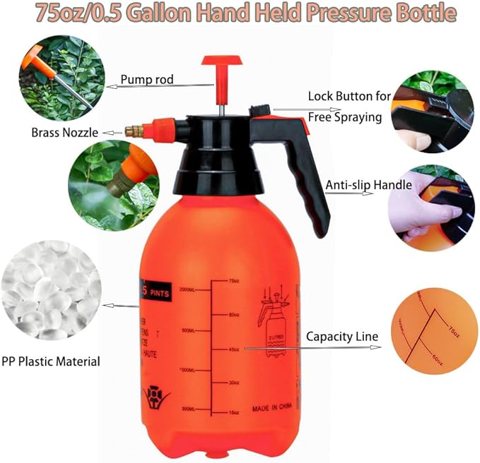 2L/0.5Gal Handheld Pressure Sprayer, Portable Pump Watering Can with Adjustable Nozzle, Garden Sprayer for Indoor Plants, Outdoor Lawn, Gardening Tools for Watering, Mist Spraying, Weed Control