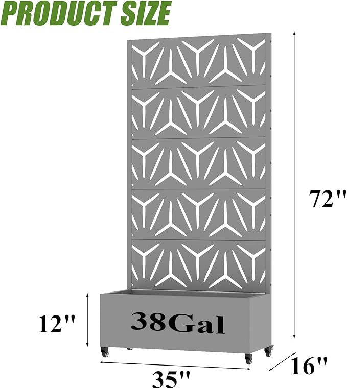 Casaphoria Metal Raised Garden Bed with Trellis and Wheels, 72"x35"x16" Planter Box for Climbing Plants, Vegetables & Vines, Features Drainage Holes and Privacy Screen, Grey-Star