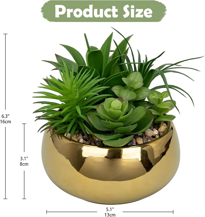 Hollyone Succulents Plants Artificial in Pots Fake Succulents for Outdoors Indoor Faux Succulent Arrangement Potted Plant in Gold Ceramics Planter Bowl for Garden Office Desk Living Room Home Decor