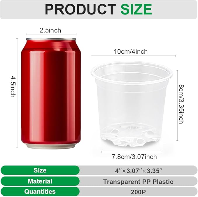 RooTrimmer 200 Pack 4 Inch Clear Plant pots with Drainage Holes, Transparent Nursery Seeding Pots, Flexile Seeds Starter Pots, Seeds Germination (4Inch,200P,Clear)