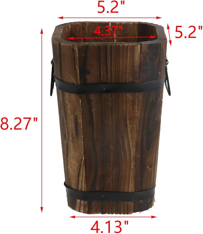 MY MIRONEY Plant Pots, Vintage Wooden Barrel Planter - Solid Rustic Garden Flower Pot with Metal Handles & Frame for Indoor Planter, Office Home Decor, Garden Home Plants, 5.2" x 8.27"