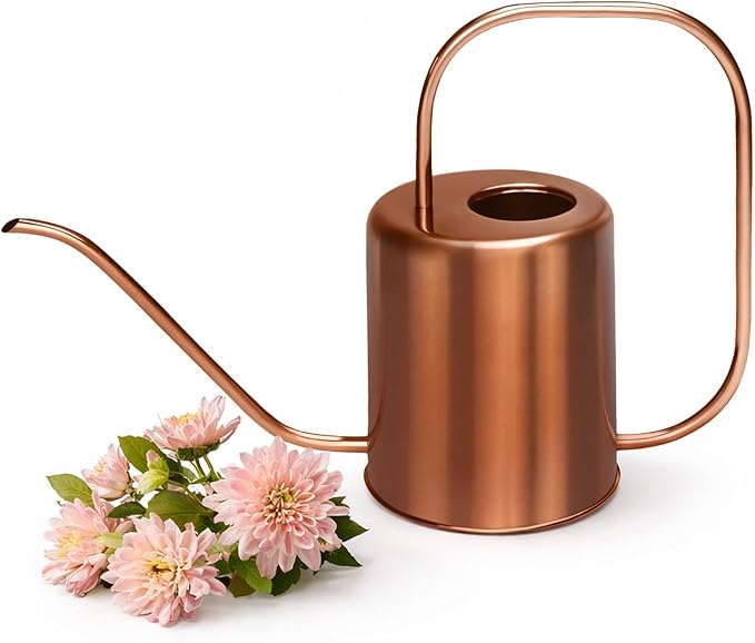 Plexon Rose Gold Metal Watering Can Indoor Plants, 54 oz Stainless Steel Long Spout Watering Can Outdoor House Plant Flower, Garden