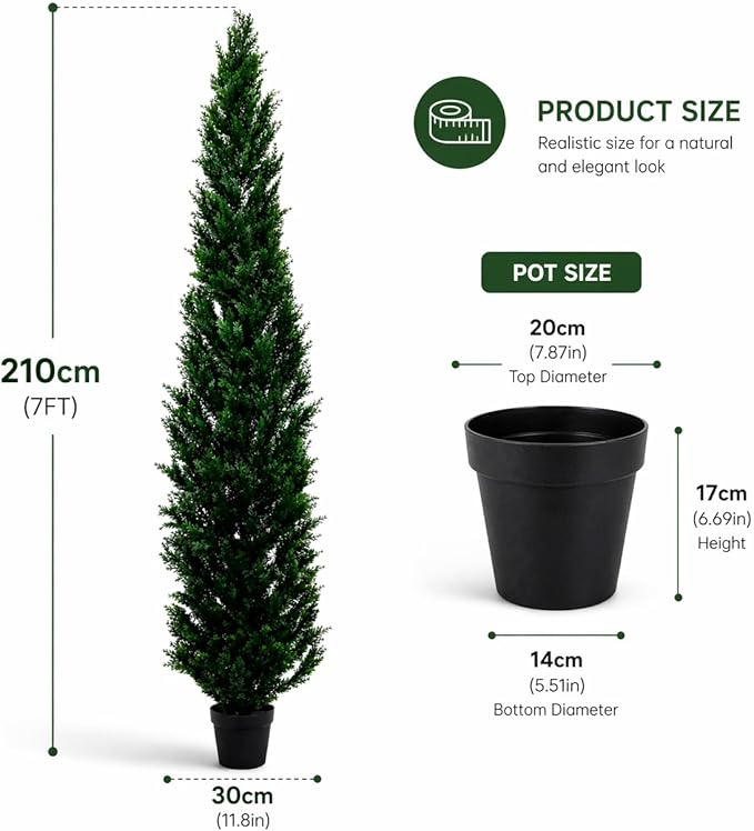 7 Feet Outdoor Artificial Topiary Cedar Tree, Set of 2 UV Resistant Potted Faux Cedar Trees for Outdoors and Indoors, Decorative Fake Shrubs Topiary Trees for Home Living Room Front Door Decor
