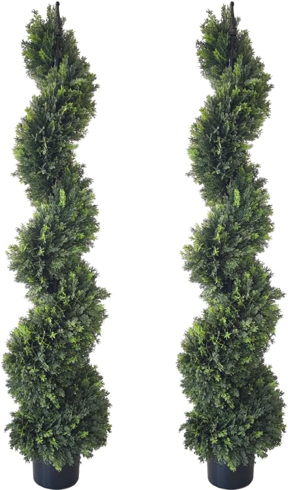 ALL SEASON GREEN 5' Cypress Artificial Outdoor Plants Boxwood Topiary Spiral Front Porch Decor Tree Potted Set of 2