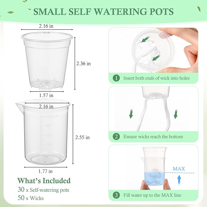 30 Pcak 2.2'' Small Self Watering Pots for Indoor Plants Mini Clear Pots with Water Level Indicator Plastic Automatic-Watering Pot with Drainage Holes for Semi-hydroponic African Violet
