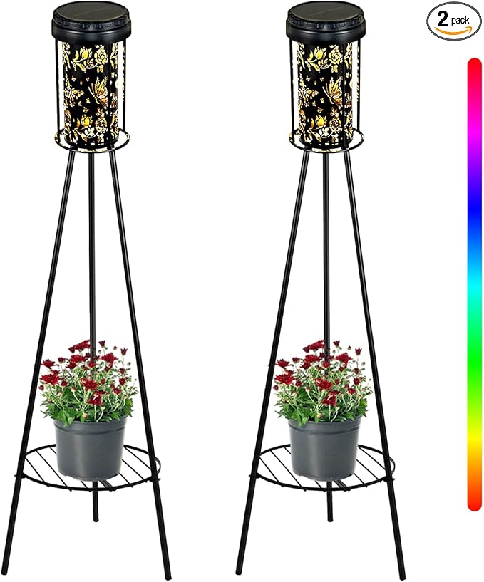 Solar Floor Lamps Outdoor RGB Butterfly Projection Metal Cordless Floor Lamp with Plant Stand,42.48 Inch Waterproof Decorative Garden,Patio,Porch,Yard,Path,Black,2 Pack