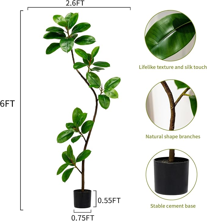 Bailikang 6ft Artificial Rubber Tree Faux Plants Indoor Faux Floor Artificial Trees Indoor,Fake Plant Fake Tropical Plants,Large Floor,Real Touch Rubber Tree for Home Decor