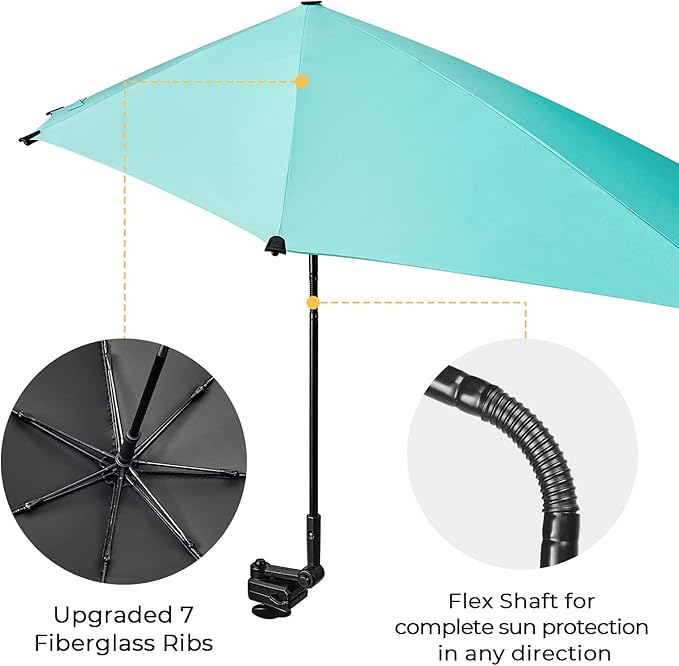 G4Free UPF 50+ Adjustable Beach Umbrella XL with Universal Clamp for Chair Stroller Wheelchair Golf Cart Bleacher Patio
